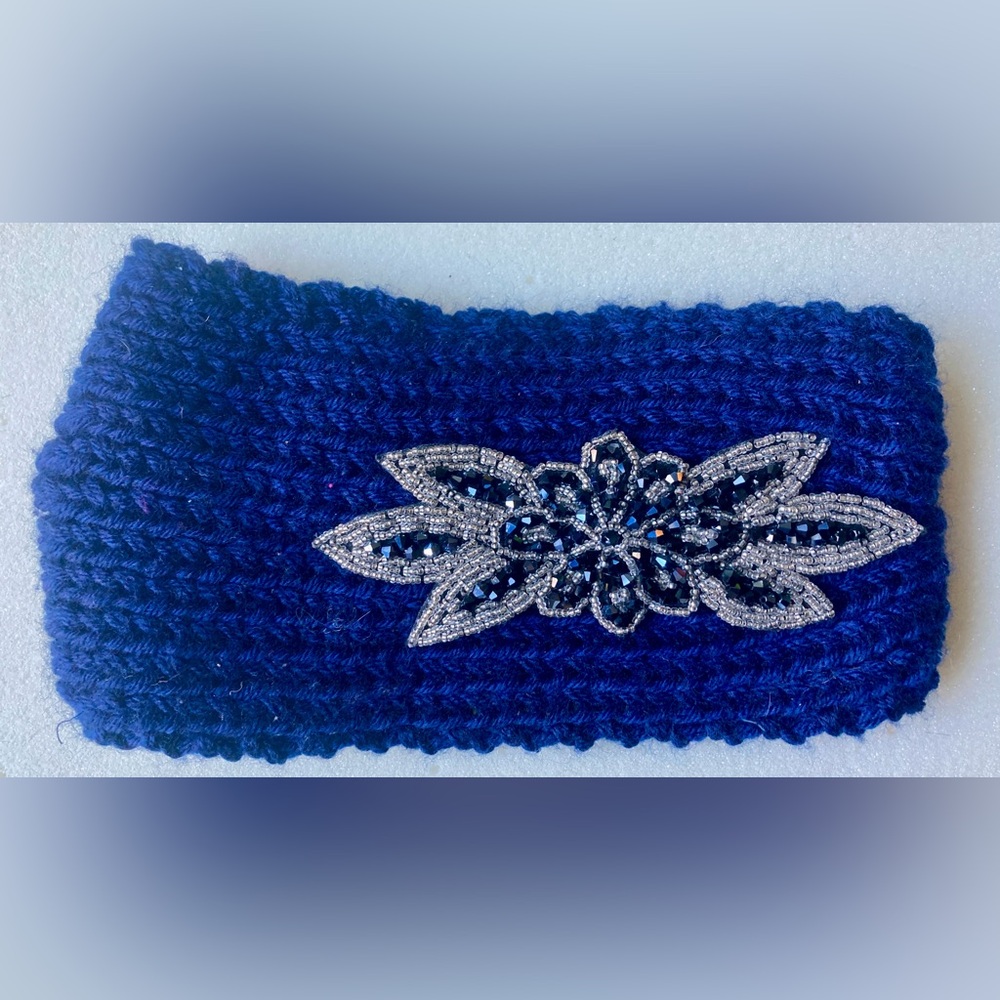 Elegant Blue Knit Headband with Silver beaded Embellishment